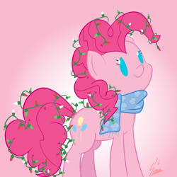 Size: 1000x1000 | Tagged: safe, artist:cherryceriseart, artist:scratchii, character:pinkie pie, species:pony, christmas, christmas lights, clothing, cute, diapinkes, holiday, no pupils, scarf, silly, silly pony, solo, tangled up