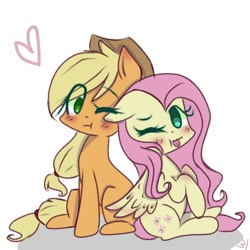 Size: 1000x1000 | Tagged: safe, artist:windymils, character:applejack, character:fluttershy, ship:appleshy, blushing, female, heart, lesbian, one eye closed, shipping, sitting, tongue out, wink
