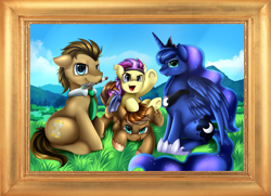 Size: 2719x1967 | Tagged: safe, artist:pridark, character:doctor whooves, character:princess luna, character:time turner, oc, species:bat pony, species:pegasus, species:pony, bust, cute, family, group, looking at you, male, portrait, shipping, smiling, straight