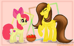 Size: 1920x1200 | Tagged: safe, artist:kraget, character:apple bloom, oc, oc:golden lily, apple, bowl, cutie mark, eating, eyes closed, food, puffy cheeks, the cmc's cutie marks