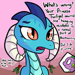 Size: 1815x1815 | Tagged: safe, artist:tjpones, character:princess ember, character:spike, ship:emberspike, blushing, bust, cute, dialogue, emberbetes, female, holly, holly mistaken for mistletoe, innocent, male, oblivious, offscreen character, open mouth, portrait, shipping, straight, sweat