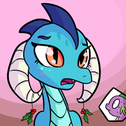 Size: 1280x1280 | Tagged: safe, artist:tjpones, edit, character:princess ember, character:spike, ship:emberspike, blushing, bust, cute, emberbetes, holly, holly mistaken for mistletoe, male, offscreen character, open mouth, portrait, shipping, straight, textless
