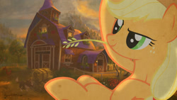 Size: 1920x1080 | Tagged: safe, artist:devinian, artist:lyraartstrings, artist:stinkehund, edit, character:applejack, character:winona, species:chicken, species:earth pony, species:pony, apple, apple tree, barn, clothing, food, hat, mouth hold, solo, straw, sweet apple acres, tree, vector, wallpaper