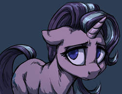 Size: 1300x1000 | Tagged: safe, artist:mav, character:starlight glimmer, blue background, colored pupils, empty eyes, floppy ears, frown, looking at you, sad, sadlight glimmer, simple background, solo