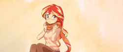 Size: 2560x1080 | Tagged: safe, artist:baekgup, edit, character:sunset shimmer, my little pony:equestria girls, blushing, clothing, cute, dawwww, female, hnnng, looking at you, moe, pantyhose, scarf, shimmerbetes, skirt, socks, solo, stockings, sweater, thigh highs, ultra widescreen, wallpaper, wallpaper edit, weapons-grade cute, widescreen