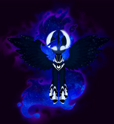 Size: 2738x2962 | Tagged: safe, artist:magnaluna, character:princess luna, armor, colored wings, colored wingtips, cosmic, floating, galaxy mane, glowing eyes, solo, spread wings, wings