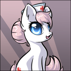 Size: 489x489 | Tagged: safe, artist:sapphfyr, character:nurse redheart, species:earth pony, species:pony, clothing, cute, female, hair bun, hat, heartabetes, looking at you, mare, nurse hat, open mouth, simple background, sitting, solo
