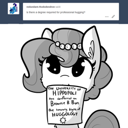 Size: 1280x1280 | Tagged: safe, artist:tjpones, oc, oc only, oc:brownie bun, horse wife, black and white, cute, diploma, grayscale, monochrome, mouth hold, simple background, solo, tjpones is trying to murder us, tumblr, white background