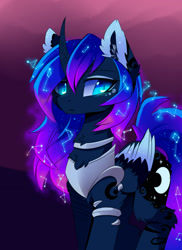 Size: 1280x1760 | Tagged: safe, artist:magnaluna, character:princess luna, species:alicorn, species:pony, chest fluff, collar, color porn, colored wings, colored wingtips, constellation, curved horn, ear fluff, female, fluffy, galaxy mane, jewelry, leg fluff, mare, neck fluff, regalia, simple background, slit eyes, solo
