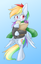 Size: 1728x2700 | Tagged: safe, artist:azurepicker, character:rainbow dash, clothing, food, gradient background, jacket, scarf, semi-anthro, solo