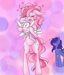 Size: 1200x1400 | Tagged: safe, artist:azurepicker, character:pinkie pie, character:princess celestia, character:princess luna, species:pony, age regression, belly button, bipedal, blushing, cewestia, cute, eyes closed, fangs, filly, floppy ears, hair over one eye, happy, heart, holding a pony, hug, open mouth, pink-mane celestia, semi-anthro, smiling, sweat, wide eyes, worried, younger