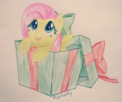 Size: 1945x1622 | Tagged: safe, artist:lilapudelpony, character:fluttershy, species:pegasus, species:pony, bow, box, cute, hair bow, happy, leaning, looking up, open mouth, pony in a box, present, shyabetes, smiling, solo, spread wings, traditional art, wings