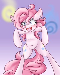 Size: 1200x1500 | Tagged: safe, artist:azurepicker, character:pinkie pie, species:pony, belly button, bipedal, fangs, gradient background, solo, tongue out