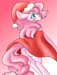 Size: 1200x1600 | Tagged: safe, artist:azurepicker, character:pinkie pie, species:pony, bipedal, cape, clothing, gradient background, hat, santa hat, solo