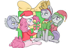 Size: 1280x865 | Tagged: safe, artist:lula-moonarts, character:limestone pie, character:marble pie, character:maud pie, character:pinkie pie, antlers, christmas, clothing, elf hat, hat, pie sisters, present, santa hat, simple background, transparent background
