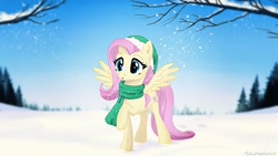 Size: 1920x1080 | Tagged: safe, artist:lilapudelpony, character:fluttershy, clothing, hat, looking at something, raised hoof, scarf, snow, snowflake, solo, spread wings, standing, wings, winter