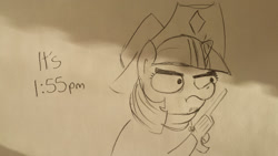 Size: 1280x720 | Tagged: safe, artist:tjpones, character:twilight sparkle, species:pony, species:unicorn, black and white, clothing, cowboy hat, crossover, double chin, female, grayscale, gun, handgun, hat, hoof hold, hooves, horn, jesse mccree, lineart, mare, monochrome, overwatch, revolver, simple background, solo, traditional art, twibitch sparkle, weapon, white background