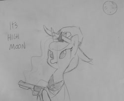 Size: 1280x1041 | Tagged: safe, artist:tjpones, character:princess luna, species:alicorn, species:pony, :t, blurry, clothing, cowboy hat, crossover, frown, glare, grayscale, gun, handgun, hat, hoof hold, it's high noon, jesse mccree, lineart, monochrome, moon, overwatch, pun, revolver, solo, traditional art