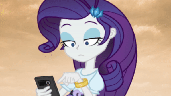 Size: 600x338 | Tagged: safe, artist:pedantczepialski, character:rarity, my little pony:equestria girls, alphabet, alternate universe, animated, bored, equestria girls: the parody series, female, gif, k, looking at you, phone, smartphone, solo