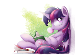 Size: 2550x1860 | Tagged: safe, artist:bugplayer, character:twilight sparkle, character:twilight sparkle (alicorn), species:alicorn, species:pony, book, bookhorse, bubblegum, cute, female, food, gum, looking up, mare, solo, that pony sure does love books, twiabetes