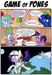 Size: 2000x2883 | Tagged: safe, artist:sentireaeris, character:princess celestia, character:princess luna, character:spike, character:twilight sparkle, character:twilight sparkle (alicorn), species:alicorn, species:pony, :i, astronaut, comic, curved horn, floating, funny, game of thrones, moon, space, space suit