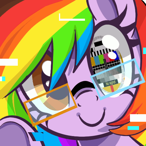 Size: 500x500 | Tagged: safe, artist:peachesandcreamated, oc, oc only, oc:rainbow screen, species:pony, animated, blinking, bust, error, female, gif, glasses, glitch, icon, looking at you, mare, multicolored hair, portrait, rainbow hair, smiling, solo