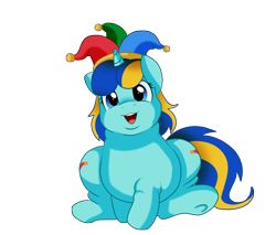 Size: 2430x2069 | Tagged: safe, artist:pridark, oc, oc only, species:pony, species:unicorn, chubby, clothing, cute, double chin, female, hat, jester, jester hat, mare, sitting, smiling, solo