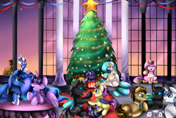 Size: 4029x2702 | Tagged: safe, artist:pridark, character:doctor whooves, character:princess cadance, character:princess celestia, character:princess flurry heart, character:princess luna, character:shining armor, character:thorax, character:time turner, character:twilight sparkle, character:twilight sparkle (alicorn), oc, species:alicorn, species:bat pony, species:changeling, species:pony, absurd resolution, christmas, christmas ornament, christmas tree, commission, cute, decoration, fangs, floppy ears, happy, ocbetes, older, playing card, present, royal sisters, sign, smiling, tree