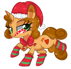 Size: 1720x1670 | Tagged: safe, artist:peachesandcreamated, oc, oc only, oc:autumn science, species:pony, species:unicorn, bow, candy, candy cane, clothing, female, food, hat, mare, mouth hold, santa hat, simple background, socks, solo, striped socks, transparent background, ych result