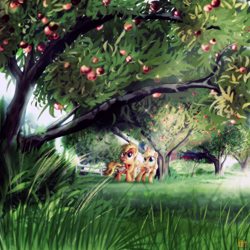 Size: 2600x2600 | Tagged: safe, artist:ruhisu, character:applejack, oc, oc:brave wing, apple tree, barn, broken wing, duo, filly, filly applejack, missing accessory, scenery, sweet apple acres, tree, younger