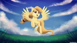 Size: 3840x2160 | Tagged: safe, artist:lilapudelpony, oc, oc only, oc:alice goldenfeather, species:pegasus, species:pony, cloud, cute, field, flying, happy, ocbetes, sky, solo, spread wings, wings