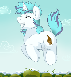 Size: 1662x1807 | Tagged: safe, artist:pridark, oc, oc only, oc:snap feather, species:pony, species:unicorn, commission, cute, eyes closed, fluffy, giant pony, grin, happy, jumping, macro, male, mountain, pronking, smiling, solo, squee, tree