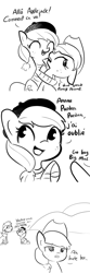 Size: 1280x3840 | Tagged: safe, artist:tjpones, character:applejack, character:big mcintosh, oc, oc:pommejean, species:earth pony, species:pony, beret, clothing, comic, french, funny background event, male, monochrome, not applejack, propositioning, shirt, stallion