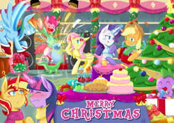 Size: 1280x900 | Tagged: safe, artist:aka-ryuga, character:applejack, character:fluttershy, character:pinkie pie, character:rainbow dash, character:rarity, character:spike, character:sunset shimmer, character:twilight sparkle, character:twilight sparkle (alicorn), species:alicorn, species:pony, ship:sunsetsparkle, alternate costumes, apple, blushing, cake, christmas, christmas tree, clothing, female, food, gift wrapped, hearth's warming, lesbian, link in description, mane seven, mane six, mistletoe, party, party cannon, pie, scarf, shipping, tree