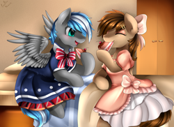 Size: 3509x2550 | Tagged: safe, artist:pridark, oc, oc only, oc:cloud zapper, oc:snapple, species:earth pony, species:pegasus, species:pony, cake, clothing, commission, crossdressing, dessert, dress, duo, eating, food, male, stallion