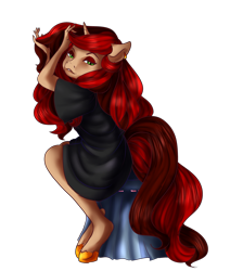 Size: 2542x3000 | Tagged: safe, artist:rosewend, oc, oc only, oc:redlight district, species:anthro, species:pony, species:unguligrade anthro, species:unicorn, anthro oc, clothing, getting ready, glamourous, gold hooves, red mane, red tail, robe, seductive, sexy, solo