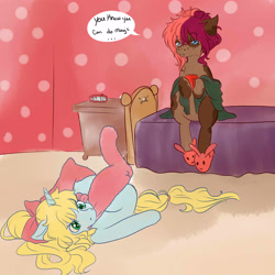 Size: 3000x3000 | Tagged: safe, artist:rosewend, oc, oc only, oc:ruef, oc:sophie, annoyed, bedroom, bff, blond tail, blonde mane, blue coat, brown coat, bunny slippers, clothing, dialogue, multicolored hair, sitting, slippers, speech bubble, stockings