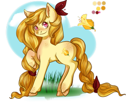 Size: 1105x930 | Tagged: safe, artist:rosewend, oc, oc only, oc:honey speckle, blonde mane, blonde tail, earth horse, flower theme, reference sheet, solo, yellow coat, yellow mane, yellow tail