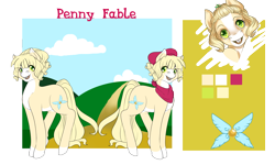 Size: 5000x3000 | Tagged: safe, artist:rosewend, oc, oc only, oc:penny fable, ponysona, species:earth pony, species:pony, absurd resolution, blonde mane, curly mane, markings, reference sheet, solo, white coat, yellow coat