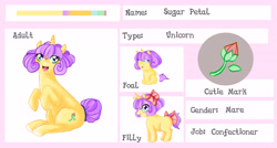 Size: 6000x3218 | Tagged: safe, artist:rosewend, oc, oc only, oc:sugar petal, species:pony, species:unicorn, absurd resolution, curly mane, purple mane, reference sheet, yellow coat
