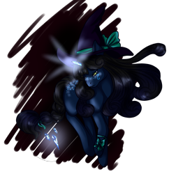 Size: 1582x1633 | Tagged: safe, artist:rosewend, oc, oc only, oc:seria, species:pony, species:unicorn, black mane, blue coat, magic, reference, solo, witch