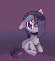 Size: 564x624 | Tagged: safe, artist:pekou, character:marble pie, species:earth pony, species:pony, cute, female, frown, gradient background, marblebetes, mare, sitting, solo