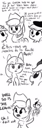 Size: 1280x3872 | Tagged: safe, artist:tjpones, character:applejack, character:twilight sparkle, character:twilight sparkle (alicorn), oc, oc:pommejean, species:alicorn, species:pony, angry, beret, dialogue, french, monochrome, music notes, not applejack, open mouth, pointing, raised hoof, smiling