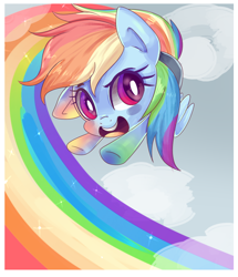 Size: 766x889 | Tagged: safe, artist:peachesandcreamated, character:rainbow dash, chibi, cloud, flying, open mouth, rainbow trail, solo