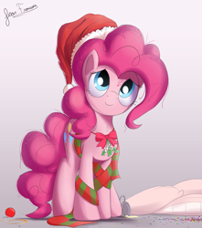 Size: 1802x2040 | Tagged: safe, artist:bugplayer, character:pinkie pie, species:earth pony, species:pony, bugplayer is trying to murder us, christmas, clothing, confetti, cute, diapinkes, female, hat, looking at you, looking up, mare, mistletoe, pillow, santa hat, scarf, smiling, solo