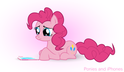 Size: 4999x2900 | Tagged: safe, artist:uliks-uliks, character:pinkie pie, species:earth pony, species:pony, absurd resolution, crack, cracked, cracks, crying, cute, diapinkes, female, frown, gradient background, iphone, looking down, mare, nose wrinkle, prone, sad, sadorable, solo