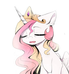 Size: 1280x1371 | Tagged: safe, artist:magnaluna, character:princess celestia, species:alicorn, species:pony, eyes closed, female, mare, open mouth, simple background, sleeping, solo, tired, white background