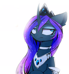 Size: 2480x2656 | Tagged: safe, artist:magnaluna, character:princess luna, species:pony, cheek fluff, chest fluff, collar, colored pupils, crossed hooves, crown, curved horn, ear fluff, eyeroll, eyeshadow, female, floppy ears, fluffy, frown, galaxy mane, grumpy, jewelry, leg fluff, lidded eyes, makeup, mare, neck fluff, regalia, simple background, solo, unamused, white background
