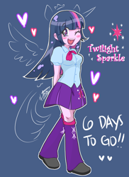 Size: 872x1200 | Tagged: safe, artist:aizy-boy, part of a set, character:twilight sparkle, my little pony:equestria girls, clothing, countdown, cute, female, heart eyes, hype, leg warmers, part of a series, pixiv, ponied up, skirt, solo, wingding eyes