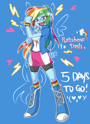 Size: 872x1200 | Tagged: safe, artist:aizy-boy, part of a set, character:rainbow dash, my little pony:equestria girls, boots, clothing, compression shorts, countdown, female, hype, part of a series, pixiv, ponied up, shorts, skirt, socks, solo